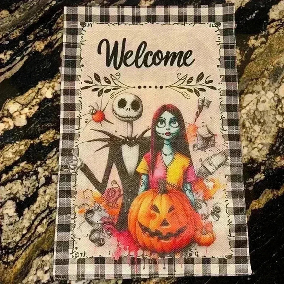 The Nightmare Before Christmas Welcome Halloween Garden Flag Beige Black - Picture 1 of 7
